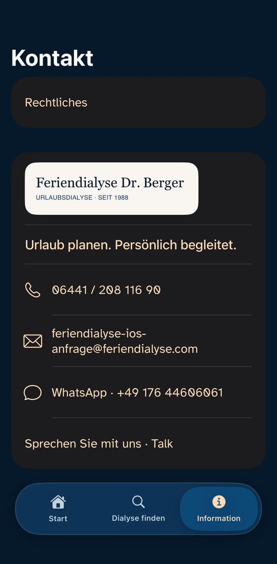 Kontaktseite der iPhone-App mit Telefon, E-Mail und WhatsApp